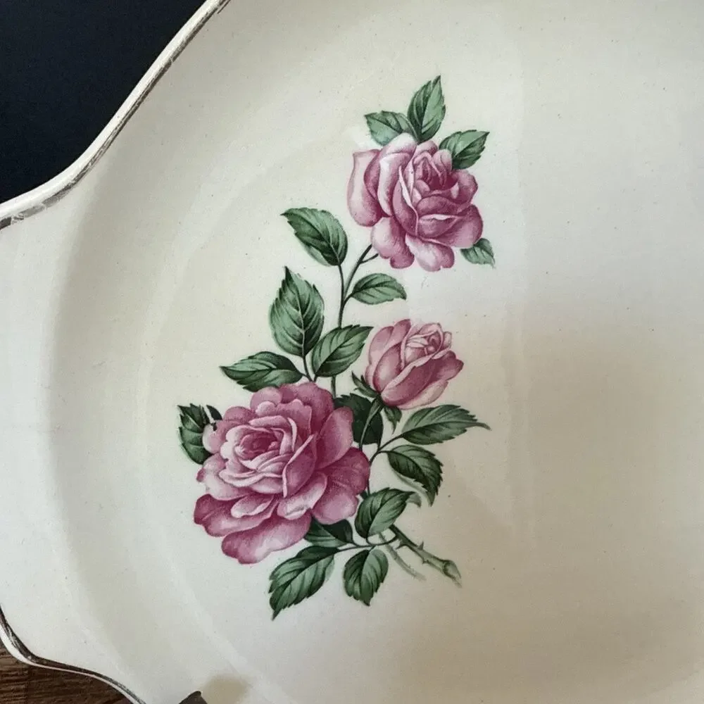 Vintage Ballerina‎ Rose Pattern - 12” Round Cake Plate w Gold Rim And Handles